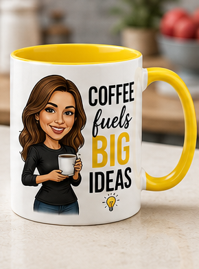 Coffee and Big Ideas caricature mug — yellow